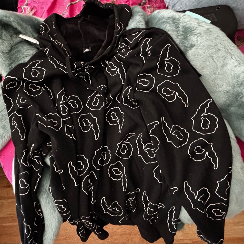 Black 999 Club Hoodie with White “Juice Wrld 999” Monogram Pattern